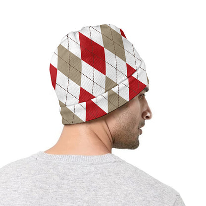 White Red And Beige Argyle Pattern Print Beanie