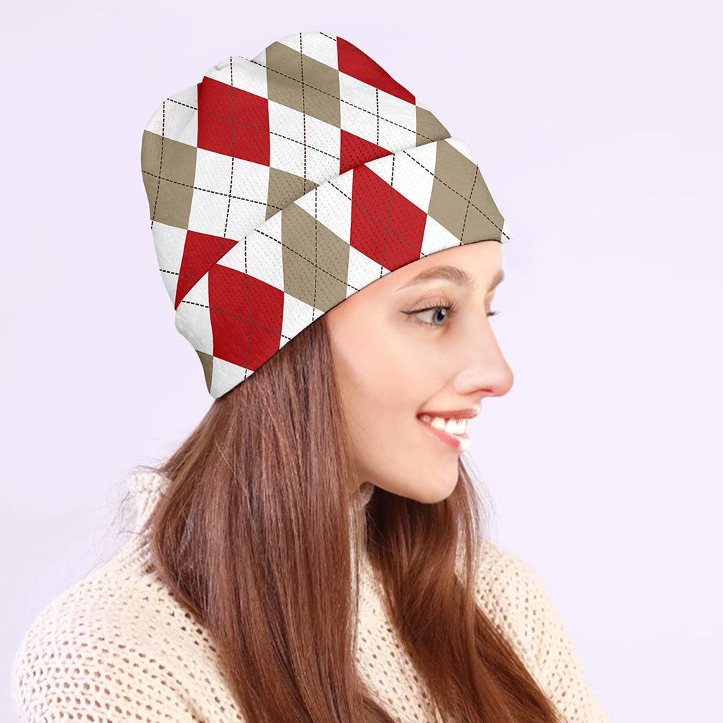 White Red And Beige Argyle Pattern Print Beanie