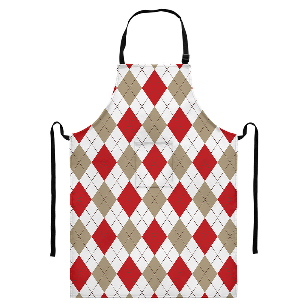 White Red And Beige Argyle Pattern Print Bib Apron With Pocket