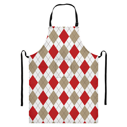 White Red And Beige Argyle Pattern Print Bib Apron With Pocket