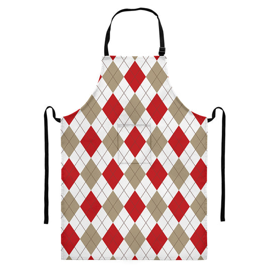White Red And Beige Argyle Pattern Print Bib Apron With Pocket