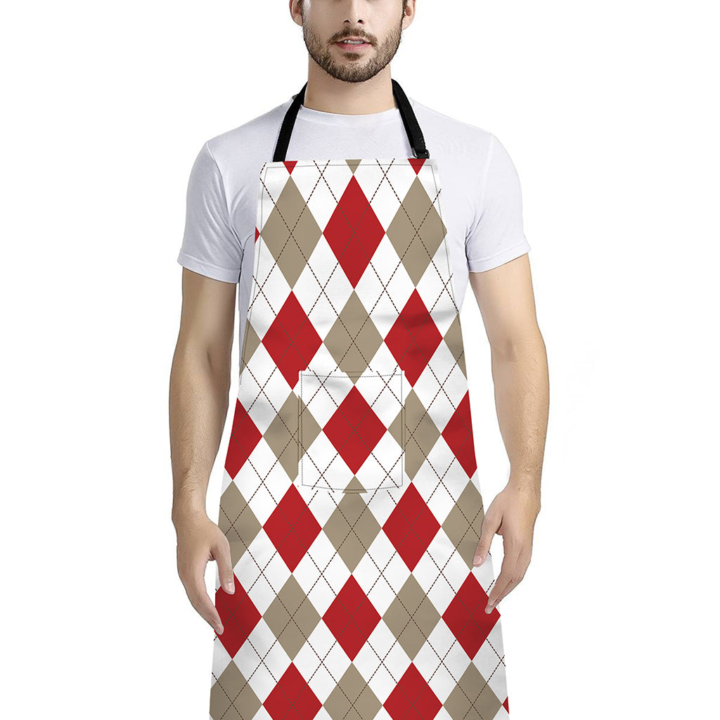 White Red And Beige Argyle Pattern Print Bib Apron With Pocket