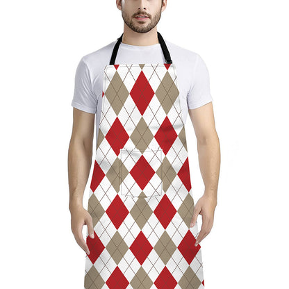 White Red And Beige Argyle Pattern Print Bib Apron With Pocket