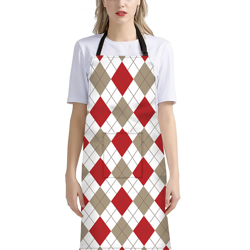 White Red And Beige Argyle Pattern Print Bib Apron With Pocket