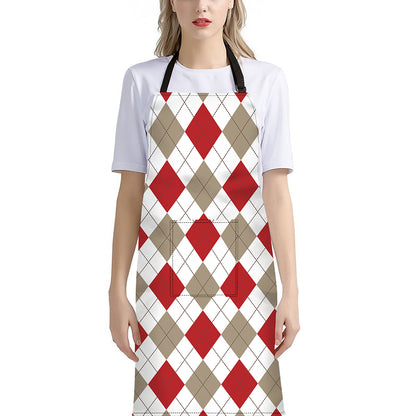 White Red And Beige Argyle Pattern Print Bib Apron With Pocket