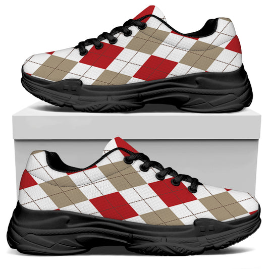 White Red And Beige Argyle Pattern Print Black Chunky Shoes