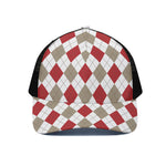 White Red And Beige Argyle Pattern Print Black Mesh Trucker Cap