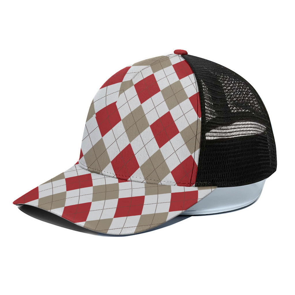 White Red And Beige Argyle Pattern Print Black Mesh Trucker Cap