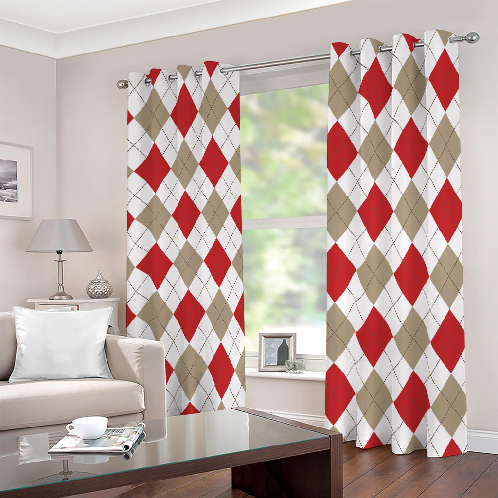 White Red And Beige Argyle Pattern Print Blackout Grommet Curtains