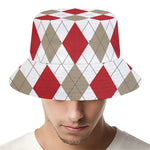 White Red And Beige Argyle Pattern Print Bucket Hat