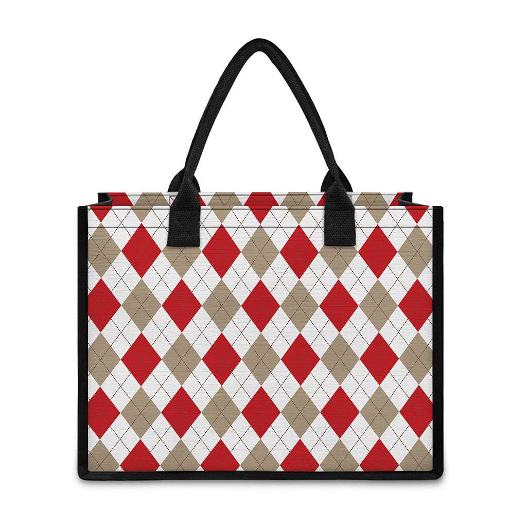 White Red And Beige Argyle Pattern Print Canvas Tote Bag