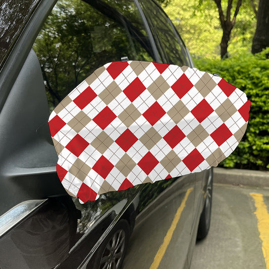 White Red And Beige Argyle Pattern Print Car Side Mirror Covers