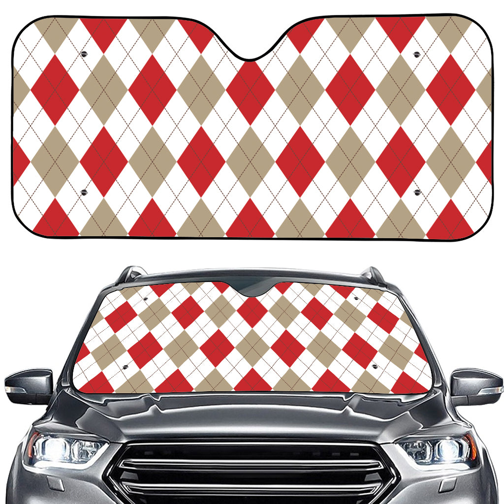 White Red And Beige Argyle Pattern Print Car Windshield Sun Shade