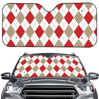 White Red And Beige Argyle Pattern Print Car Windshield Sun Shade