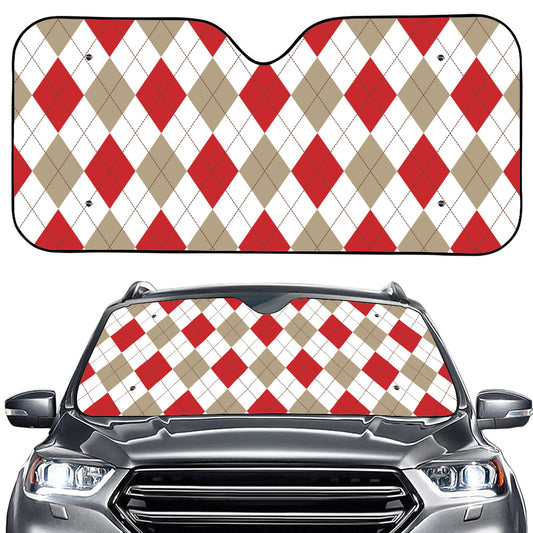 White Red And Beige Argyle Pattern Print Car Windshield Sun Shade