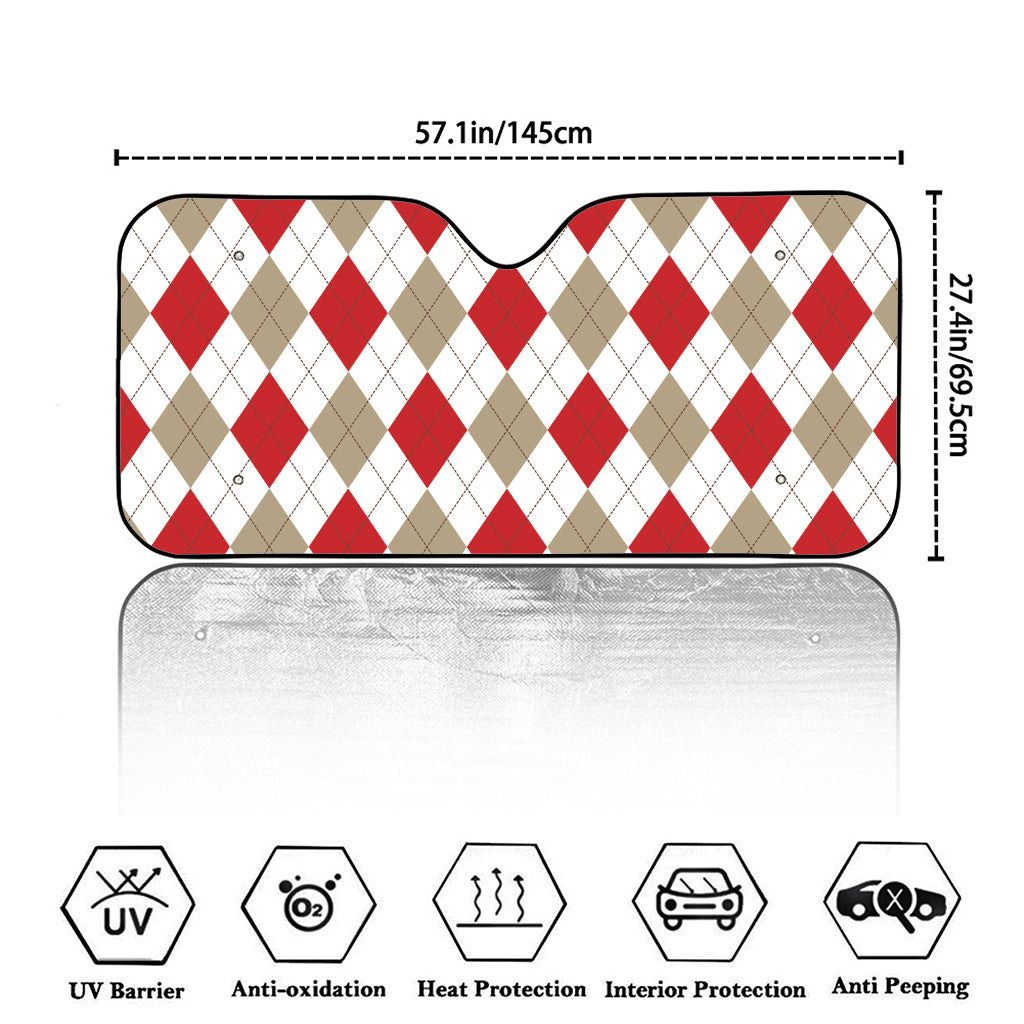 White Red And Beige Argyle Pattern Print Car Windshield Sun Shade