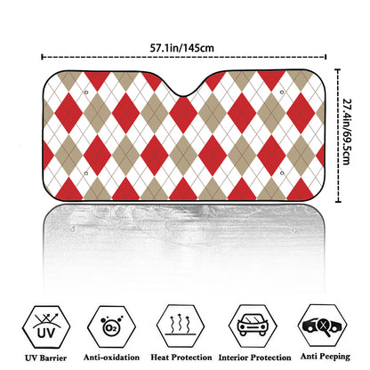 White Red And Beige Argyle Pattern Print Car Windshield Sun Shade