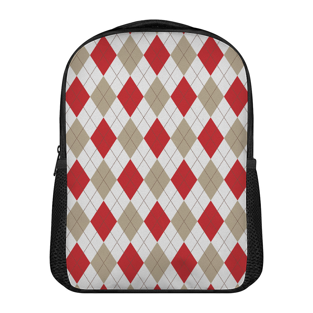 White Red And Beige Argyle Pattern Print Casual Backpack