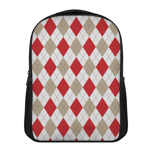 White Red And Beige Argyle Pattern Print Casual Backpack