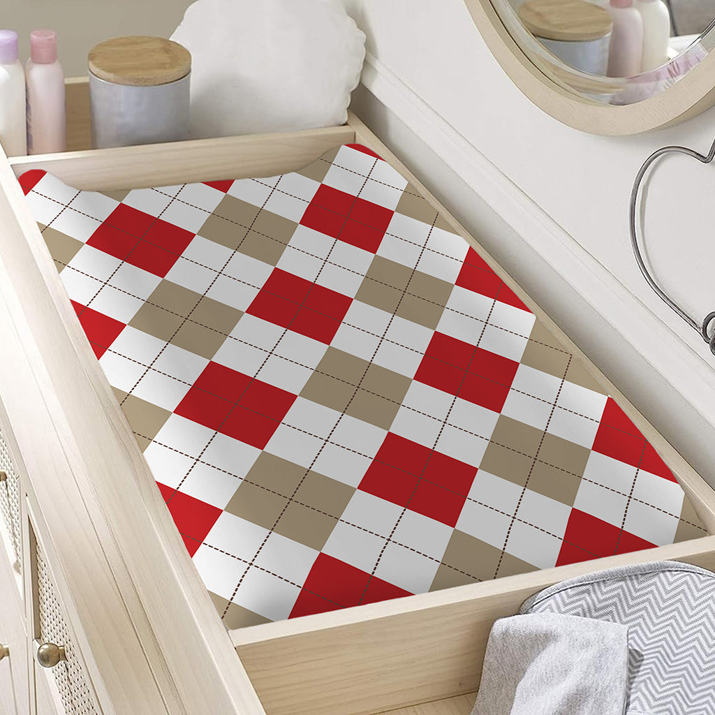 White Red And Beige Argyle Pattern Print Changing Pad Cover