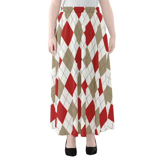 White Red And Beige Argyle Pattern Print Chiffon Maxi Skirt