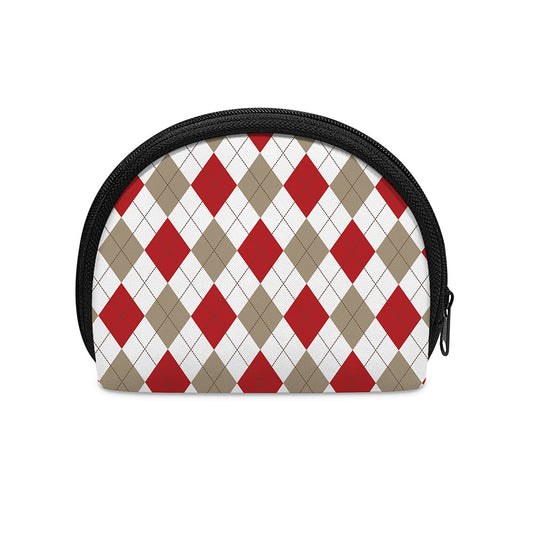White Red And Beige Argyle Pattern Print Coin Purse