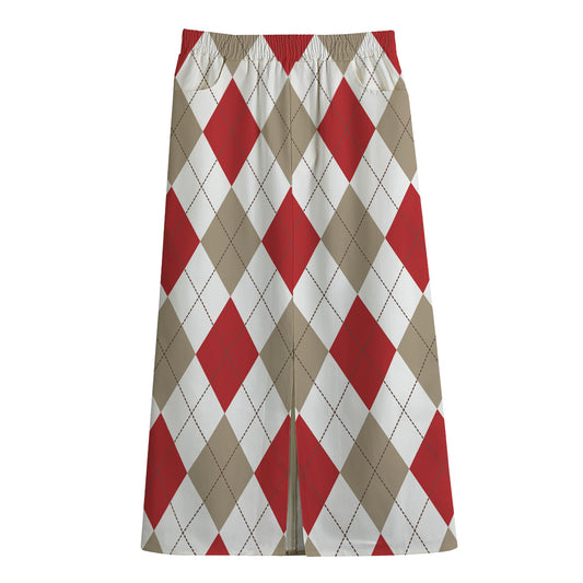 White Red And Beige Argyle Pattern Print Cotton Front Slit Maxi Skirt