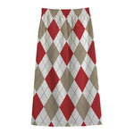 White Red And Beige Argyle Pattern Print Cotton Front Slit Maxi Skirt