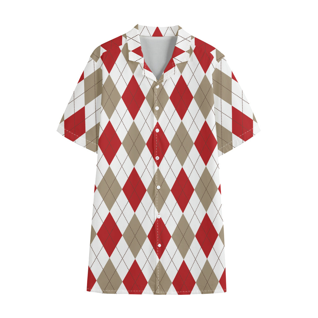 White Red And Beige Argyle Pattern Print Cotton Hawaiian Shirt