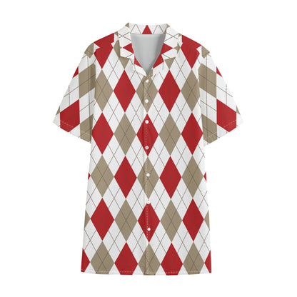 White Red And Beige Argyle Pattern Print Cotton Hawaiian Shirt