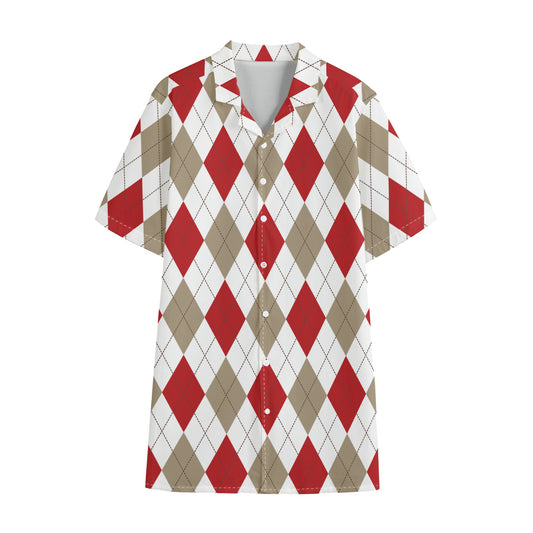 White Red And Beige Argyle Pattern Print Cotton Hawaiian Shirt