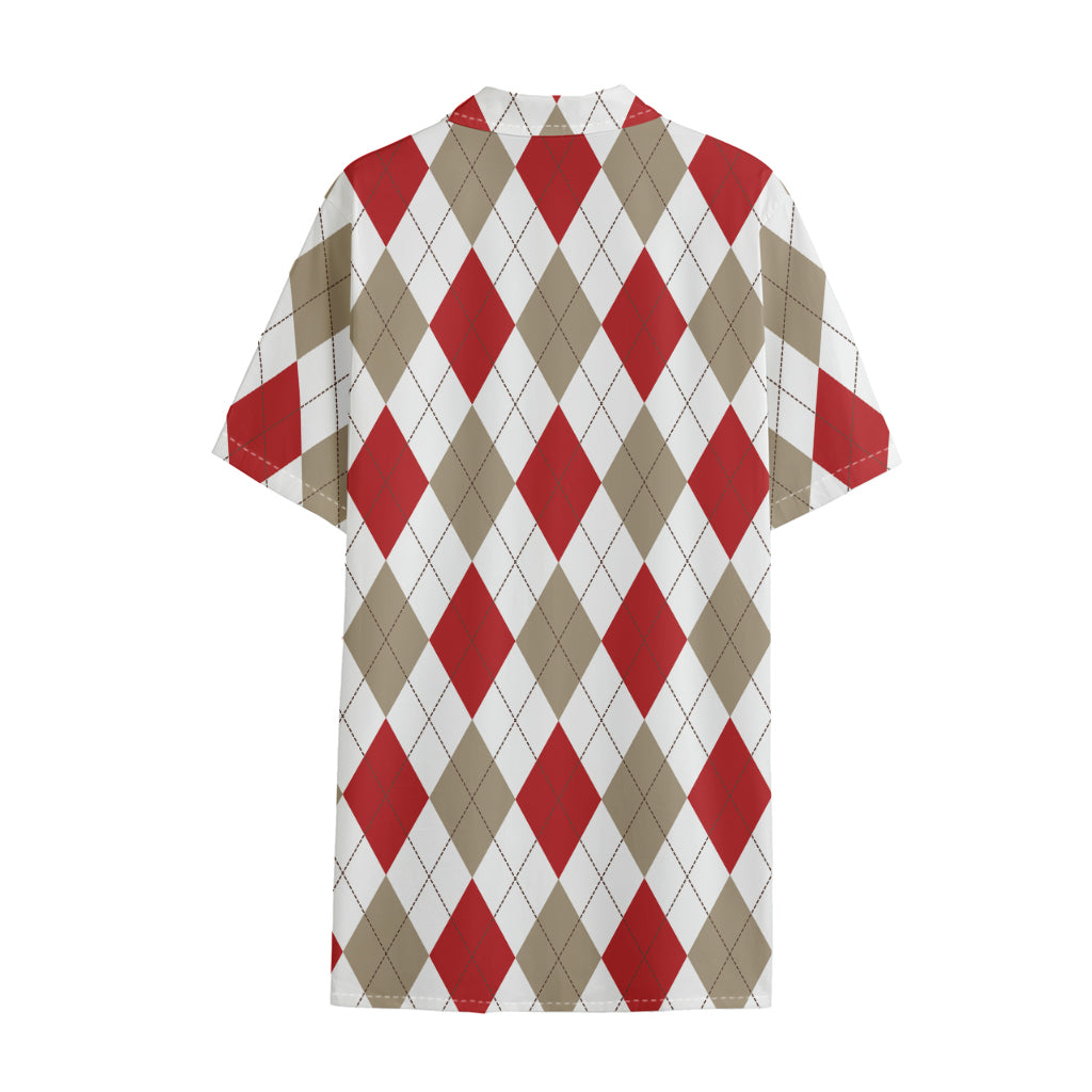White Red And Beige Argyle Pattern Print Cotton Hawaiian Shirt