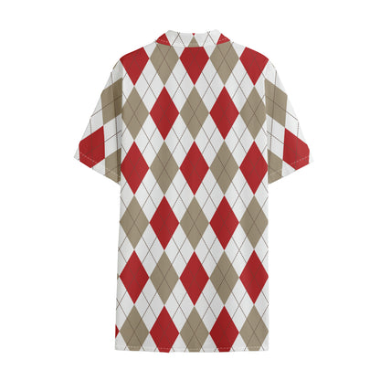 White Red And Beige Argyle Pattern Print Cotton Hawaiian Shirt
