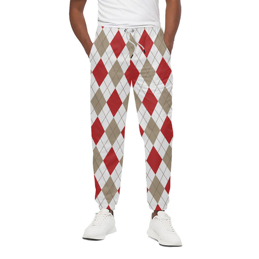 White Red And Beige Argyle Pattern Print Cotton Pants