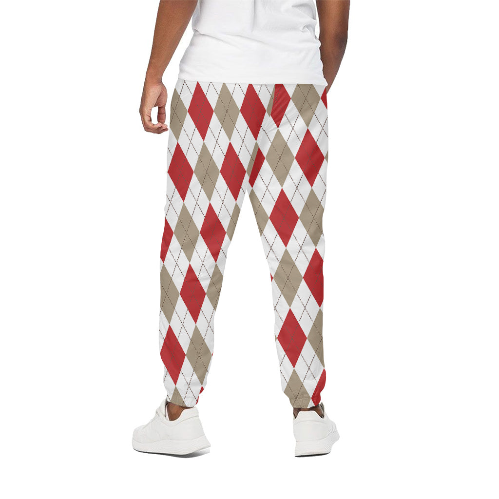 White Red And Beige Argyle Pattern Print Cotton Pants