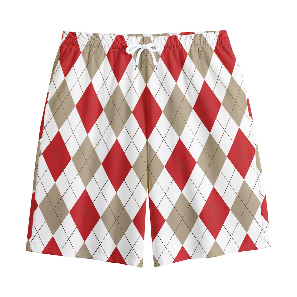 White Red And Beige Argyle Pattern Print Cotton Shorts