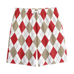 White Red And Beige Argyle Pattern Print Cotton Shorts