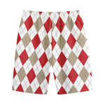 White Red And Beige Argyle Pattern Print Cotton Shorts