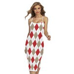 White Red And Beige Argyle Pattern Print Cross Back Cami Dress