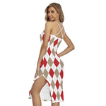 White Red And Beige Argyle Pattern Print Cross Back Cami Dress