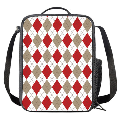 White Red And Beige Argyle Pattern Print Crossbody Lunch Bag