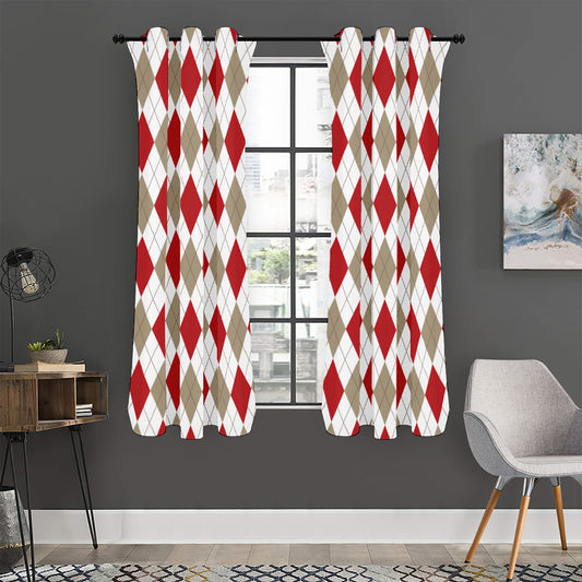 White Red And Beige Argyle Pattern Print Curtain