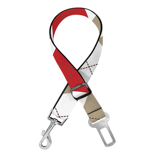 White Red And Beige Argyle Pattern Print Dog Seat Belt