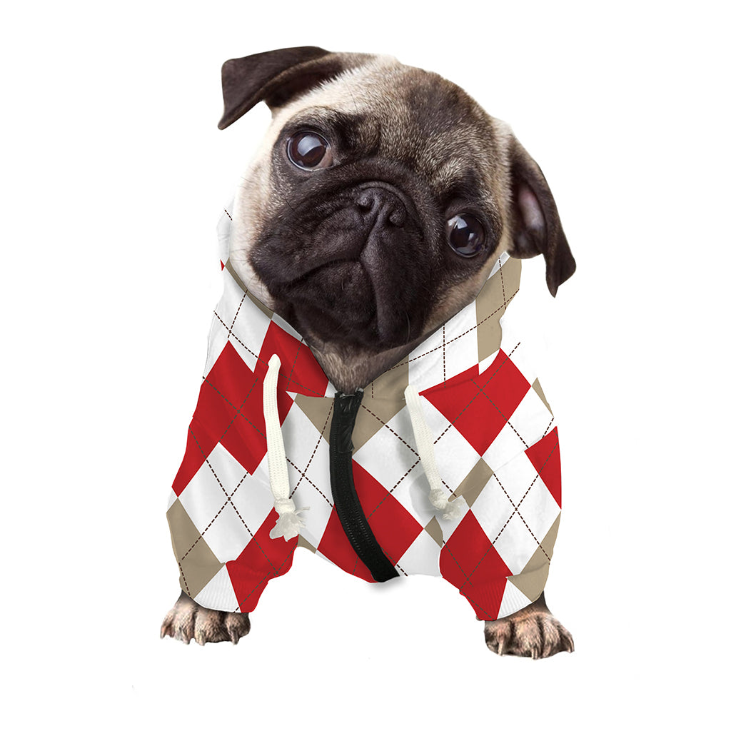 White Red And Beige Argyle Pattern Print Dog Zip Up Hoodie