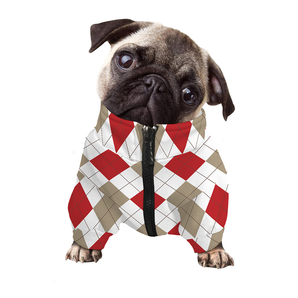 White Red And Beige Argyle Pattern Print Dog Zip Up Jacket