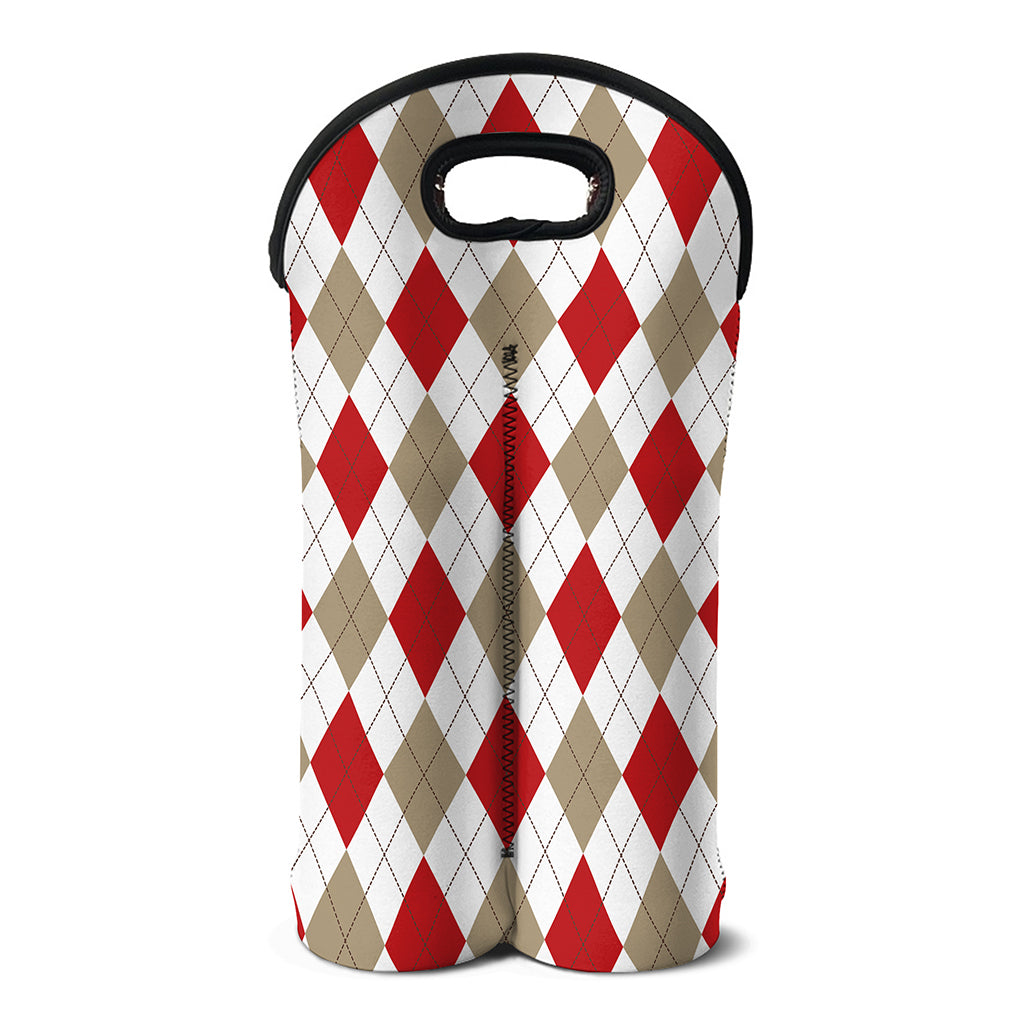White Red And Beige Argyle Pattern Print Double Neoprene Wine Tote