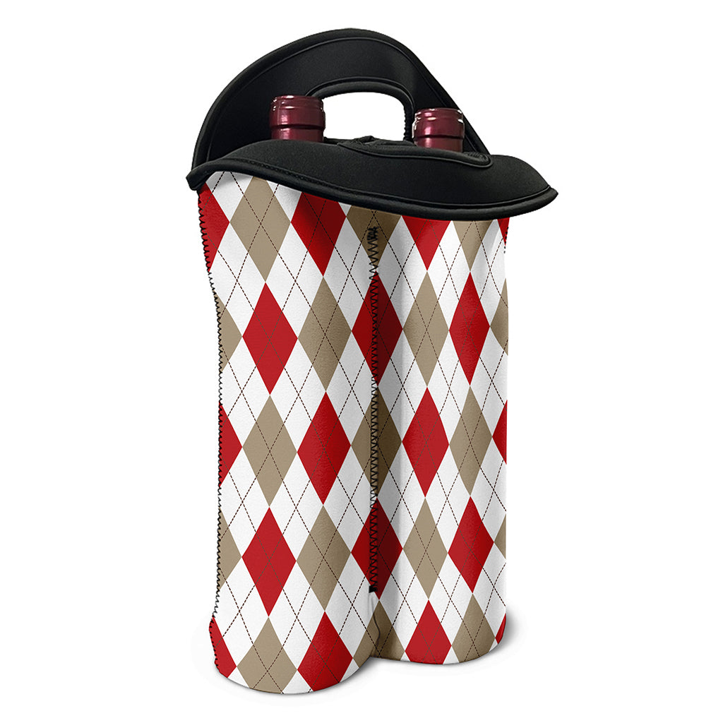 White Red And Beige Argyle Pattern Print Double Neoprene Wine Tote