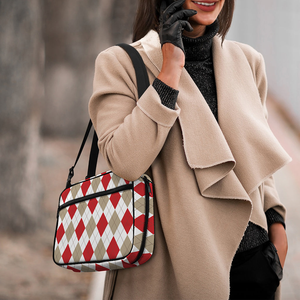 White Red And Beige Argyle Pattern Print Double Strap Bible Bag