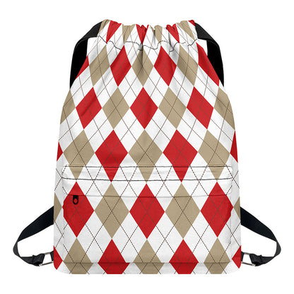 White Red And Beige Argyle Pattern Print Drawstring Backpack
