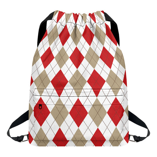White Red And Beige Argyle Pattern Print Drawstring Backpack